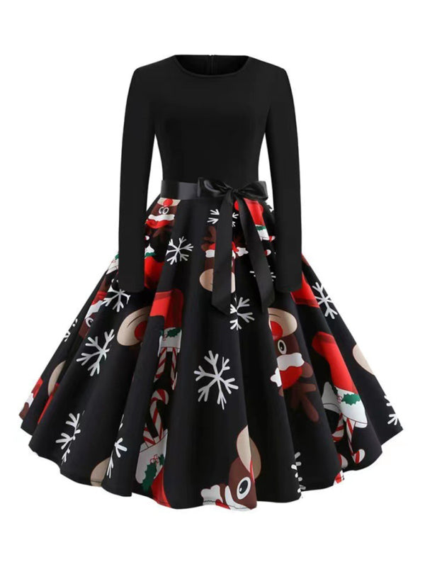 Christmas long-sleeved slim round neck printed dress