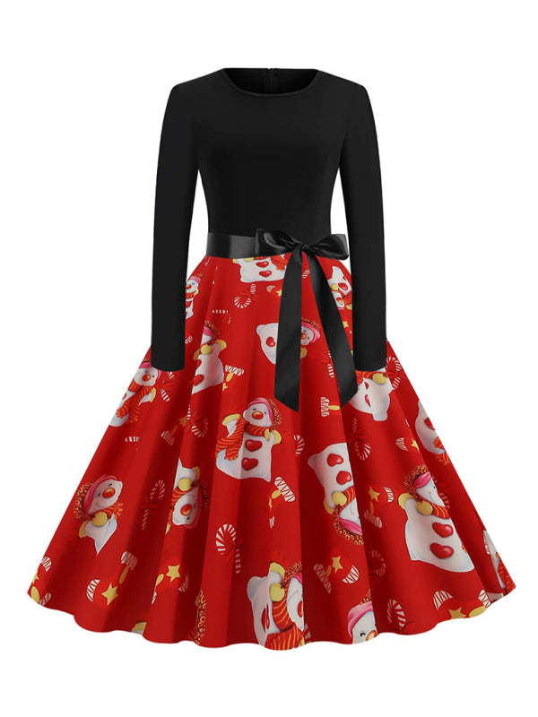 Christmas long-sleeved slim round neck printed dress