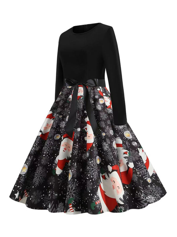 Christmas long-sleeved slim round neck printed dress