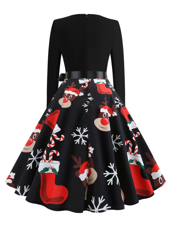 Christmas long-sleeved slim round neck printed dress