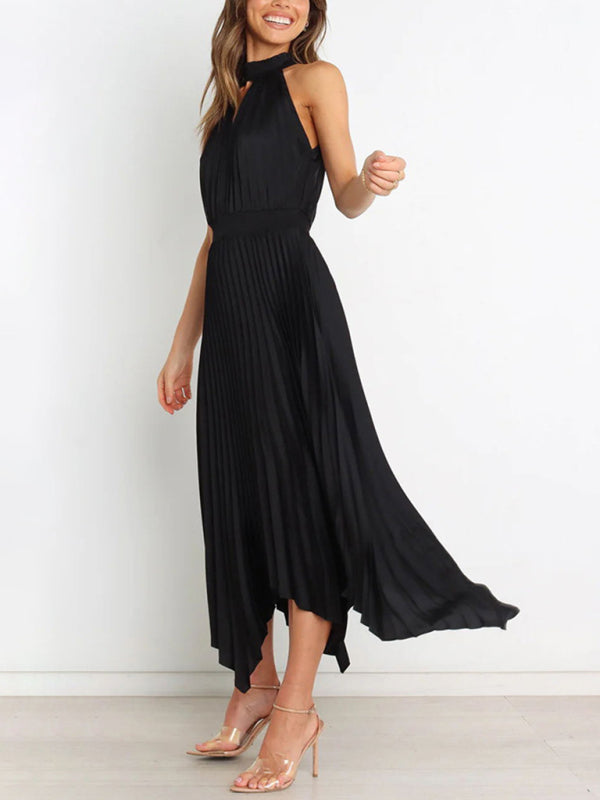 Robe plissée sans manches, couleur unie, col licou, col en v, jupe irrégulière, nouvelle collection