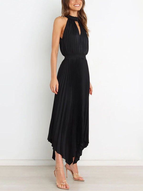 Robe plissée sans manches, couleur unie, col licou, col en v, jupe irrégulière, nouvelle collection