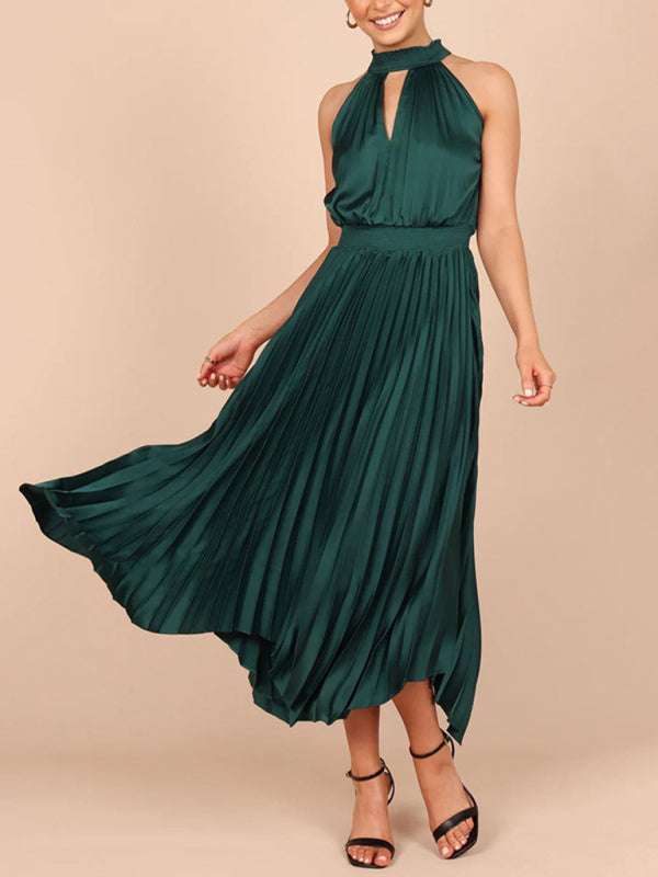 Robe plissée sans manches, couleur unie, col licou, col en v, jupe irrégulière, nouvelle collection