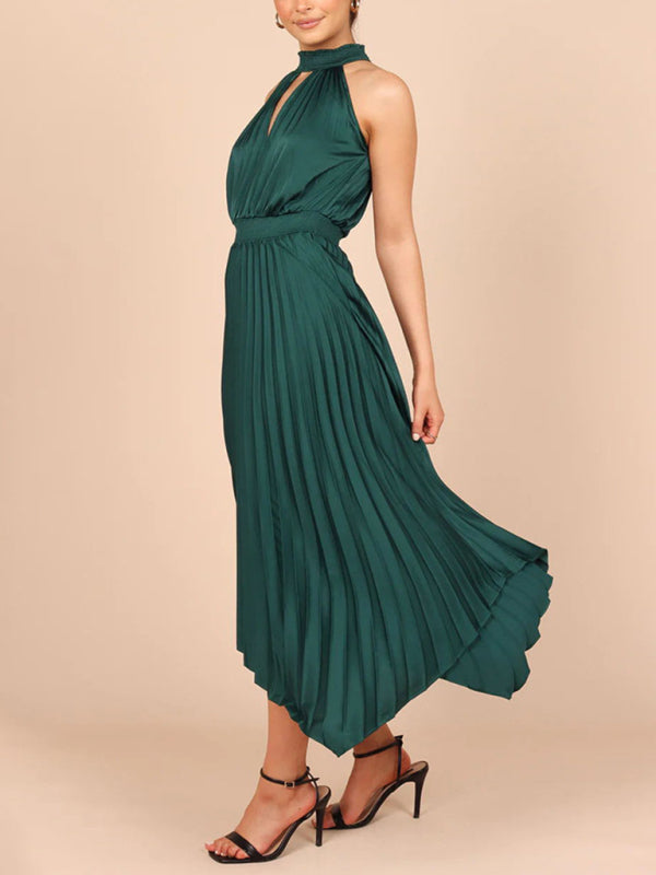 Robe plissée sans manches, couleur unie, col licou, col en v, jupe irrégulière, nouvelle collection