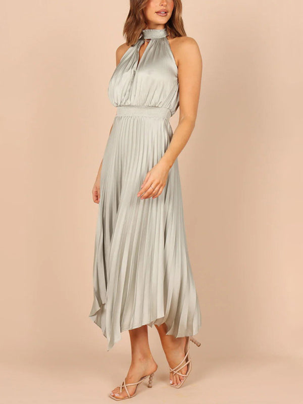 Robe plissée sans manches, couleur unie, col licou, col en v, jupe irrégulière, nouvelle collection