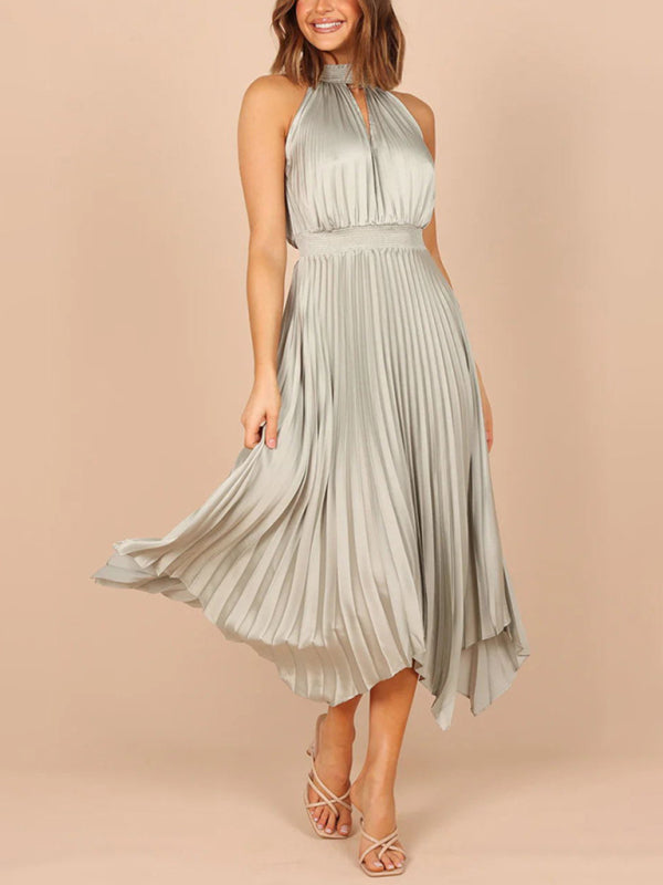 Robe plissée sans manches, couleur unie, col licou, col en v, jupe irrégulière, nouvelle collection