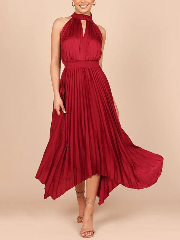 Robe plissée sans manches, couleur unie, col licou, col en v, jupe irrégulière, nouvelle collection