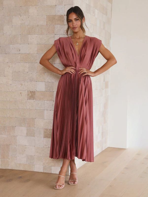 Robe sexy plissée décontractée sans manches avec fermeture éclair