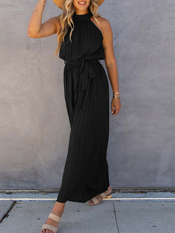 Black pleated jumpsuit with halter neck design