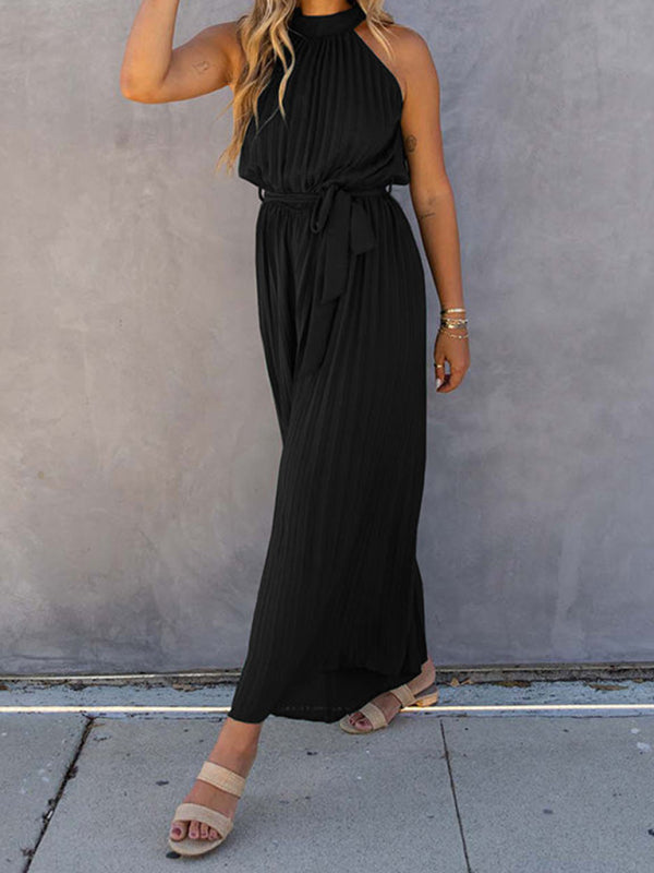 Stylish black pleated jumpsuit with halter neck