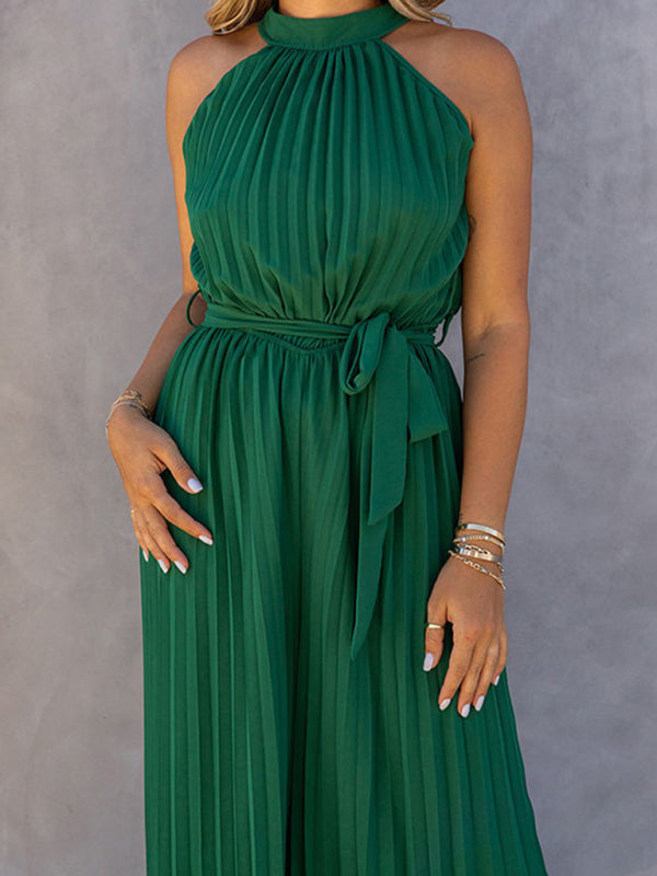 Green off-shoulder halter neck pleated jumpsuit