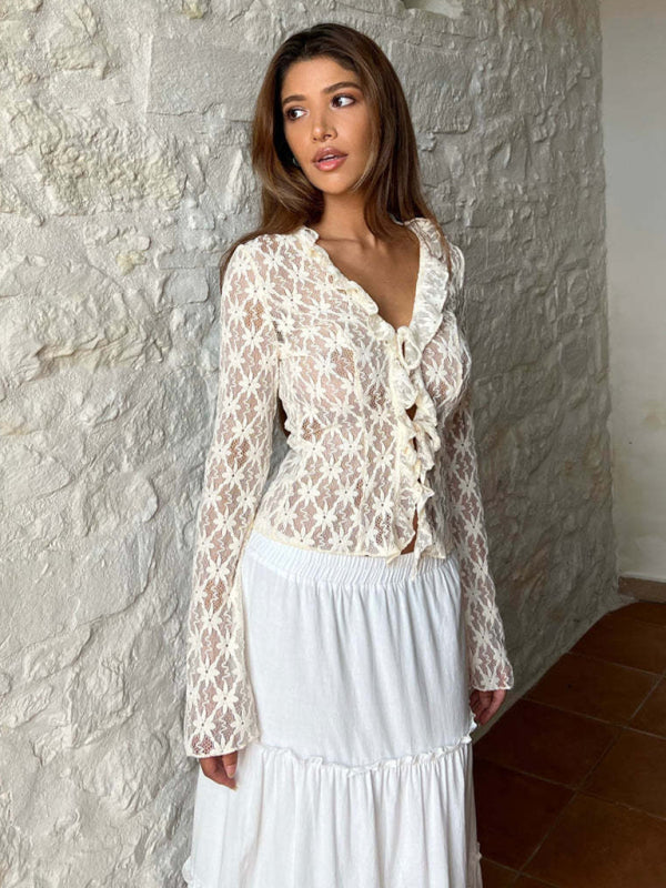 Neue modische, schlanke, einfarbige, hohle, durchsichtige Spitzen-Strickjacke mit langen Ärmeln für Damen
