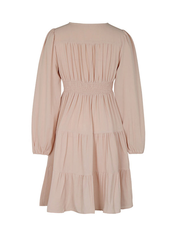 Neues einfarbiges Langarm-Button-Down-Kleid mit V-Ausschnitt für Damen
