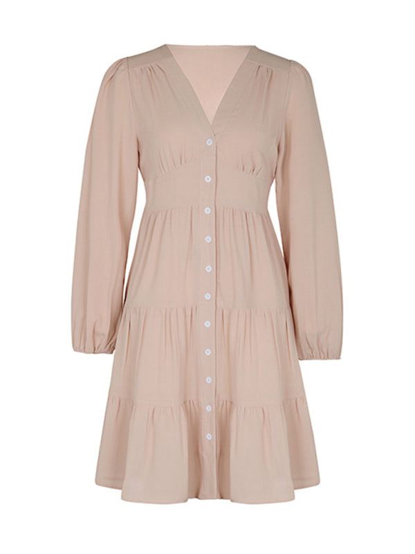 Neues einfarbiges Langarm-Button-Down-Kleid mit V-Ausschnitt für Damen