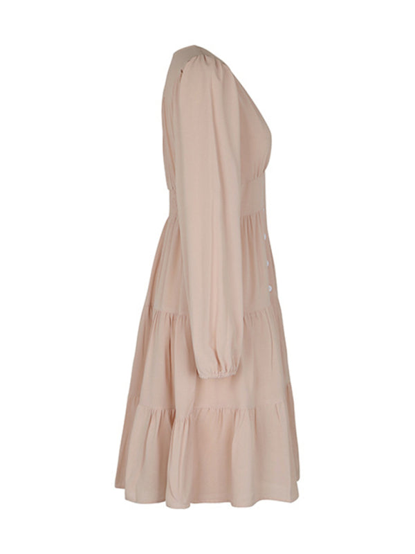 Neues einfarbiges Langarm-Button-Down-Kleid mit V-Ausschnitt für Damen