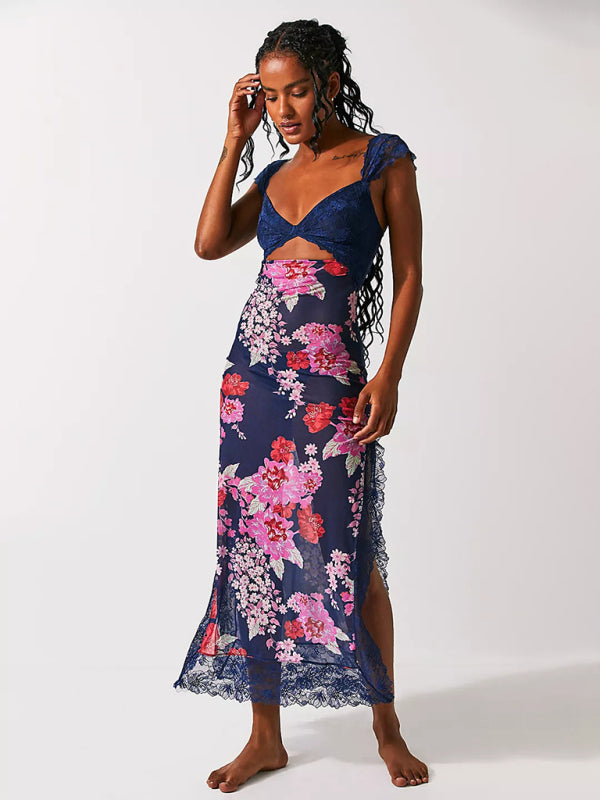 Langes Damenkleid mit sanften Spitzenträgern und gespleißtem Schlitz