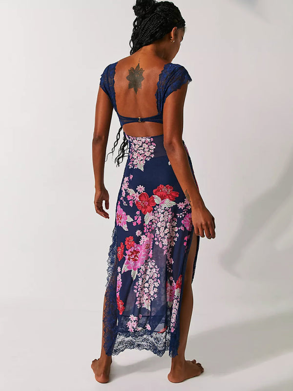 Langes Damenkleid mit sanften Spitzenträgern und gespleißtem Schlitz