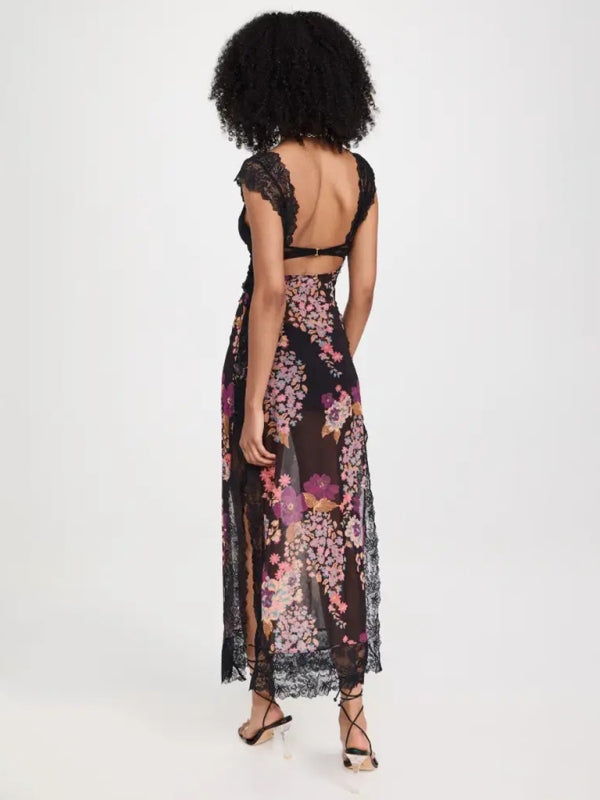 Langes Damenkleid mit sanften Spitzenträgern und gespleißtem Schlitz