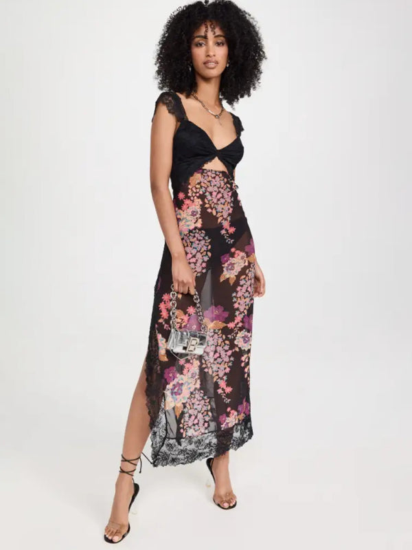 Langes Damenkleid mit sanften Spitzenträgern und gespleißtem Schlitz