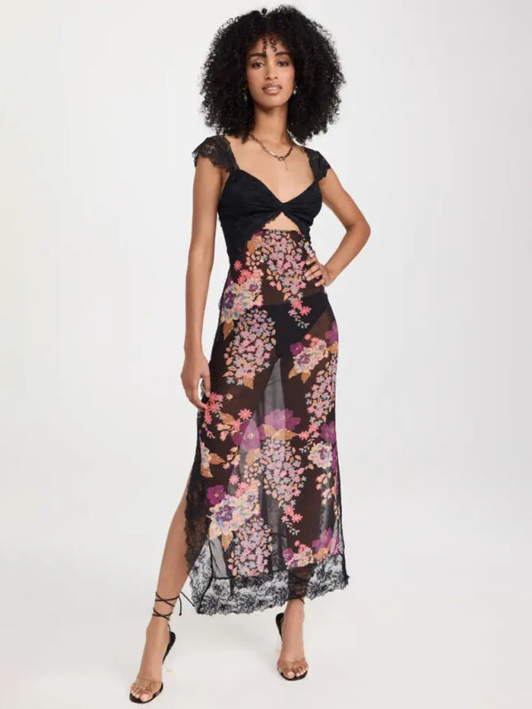 Langes Damenkleid mit sanften Spitzenträgern und gespleißtem Schlitz