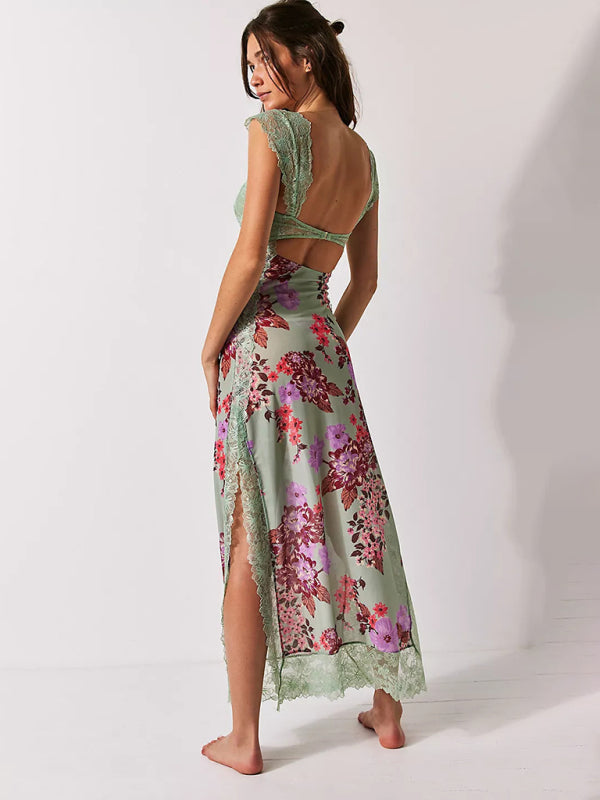 Langes Damenkleid mit sanften Spitzenträgern und gespleißtem Schlitz