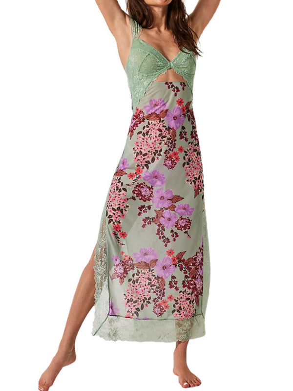 Langes Damenkleid mit sanften Spitzenträgern und gespleißtem Schlitz