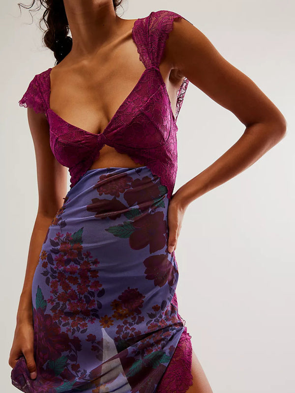 Langes Damenkleid mit sanften Spitzenträgern und gespleißtem Schlitz