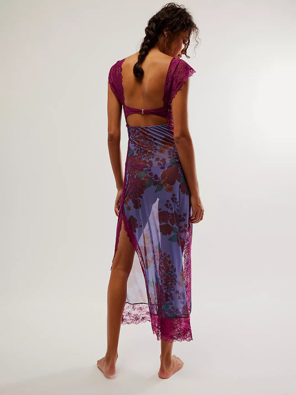 Langes Damenkleid mit sanften Spitzenträgern und gespleißtem Schlitz