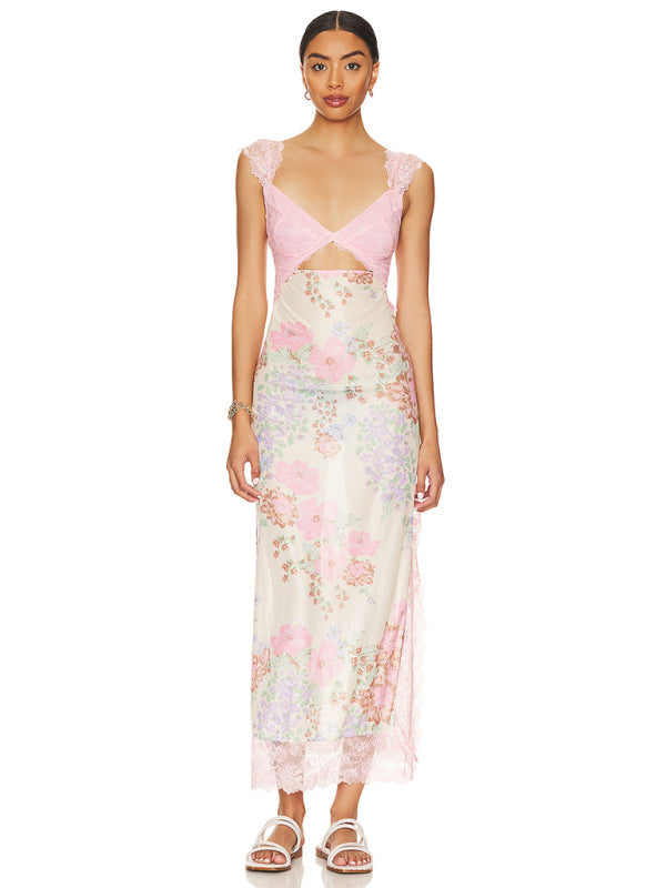 Langes Damenkleid mit sanften Spitzenträgern und gespleißtem Schlitz