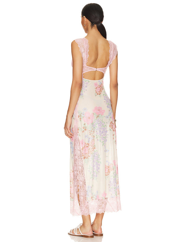 Langes Damenkleid mit sanften Spitzenträgern und gespleißtem Schlitz