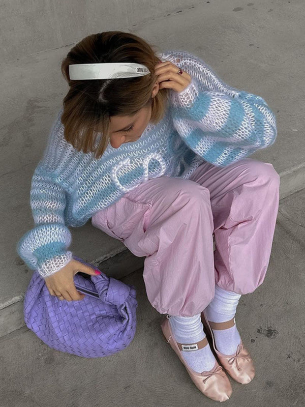 Pull ample à rayures colorées pour femmes, pull contrasté
