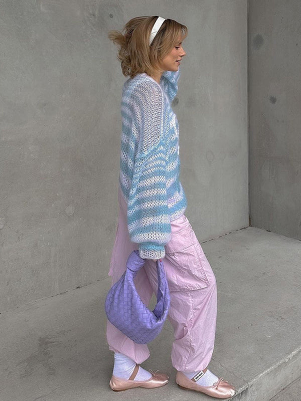 Pull ample à rayures colorées pour femmes, pull contrasté