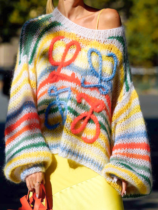 Pull ample à rayures colorées pour femmes, pull contrasté