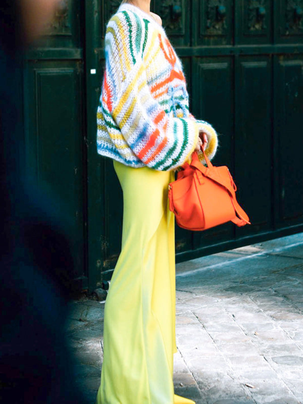 Pull ample à rayures colorées pour femmes, pull contrasté