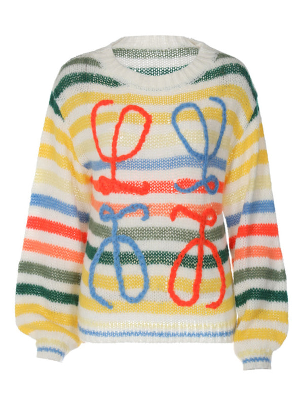 Pull ample à rayures colorées pour femmes, pull contrasté
