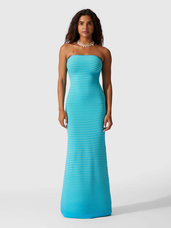 Langes gestricktes, gestreiftes, sexy, schmal geschnittenes, hüftbetontes Kleid mit Schlauchoberteil