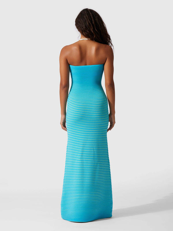 Langes gestricktes, gestreiftes, sexy, schmal geschnittenes, hüftbetontes Kleid mit Schlauchoberteil