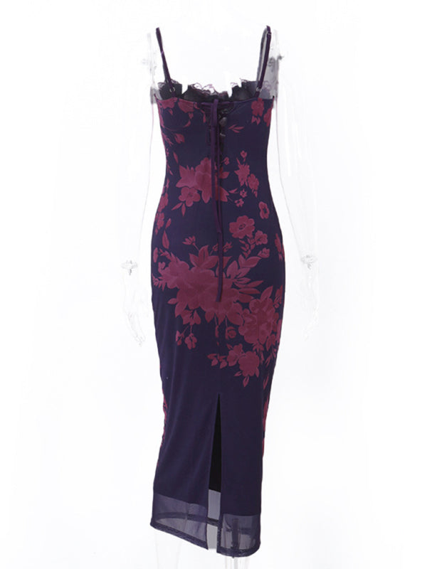 Robe sexy en dentelle, dos nu, rétro, imprimée, fendue, nouvelle collection