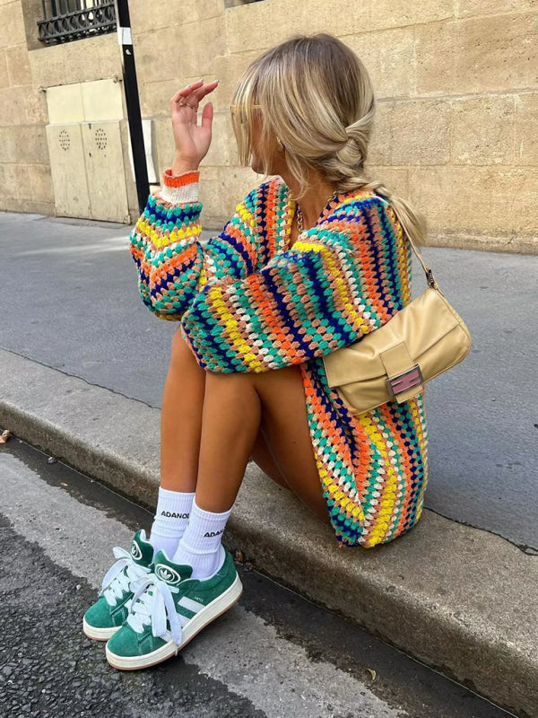 Cardigan de mode de rue pour femmes, pull multicolore au Crochet à la main