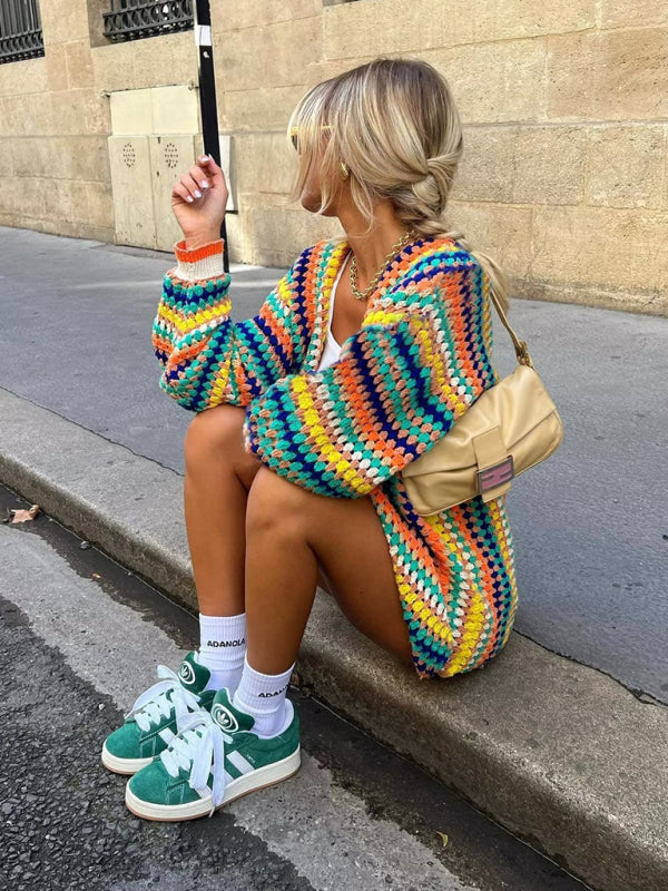 Cardigan de mode de rue pour femmes, pull multicolore au Crochet à la main