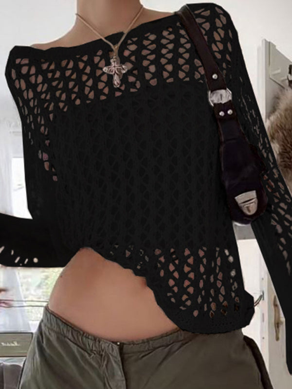 Haut tricoté ample à manches longues en maille transparente pour femme