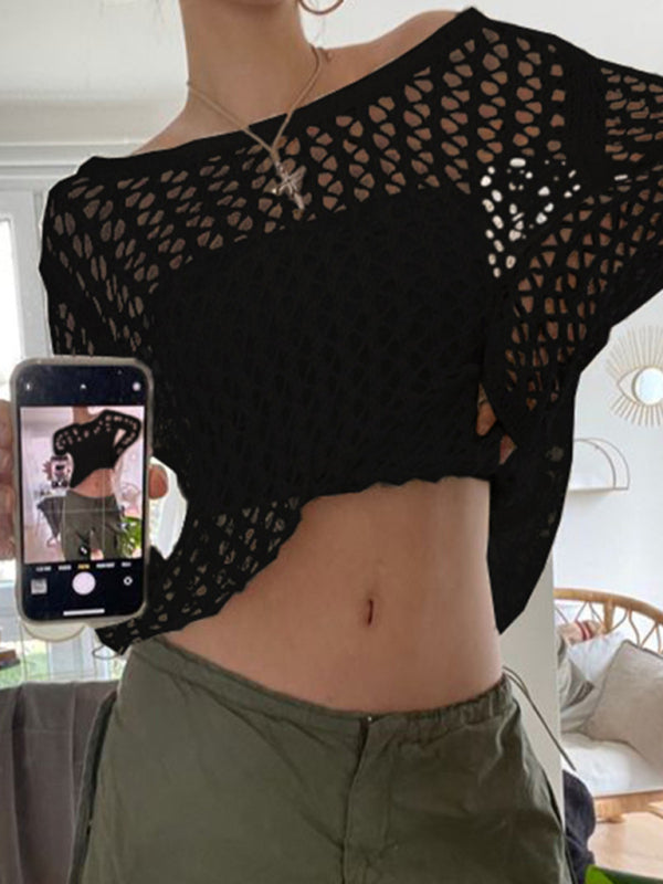 Haut tricoté ample à manches longues en maille transparente pour femme