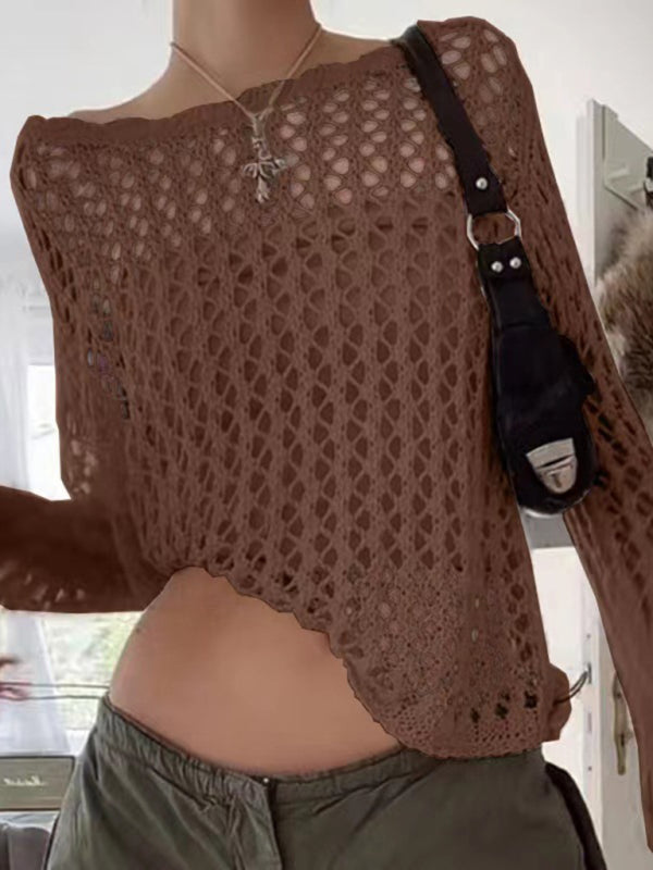 Haut tricoté ample à manches longues en maille transparente pour femme