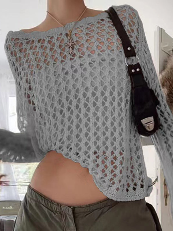 Haut tricoté ample à manches longues en maille transparente pour femme