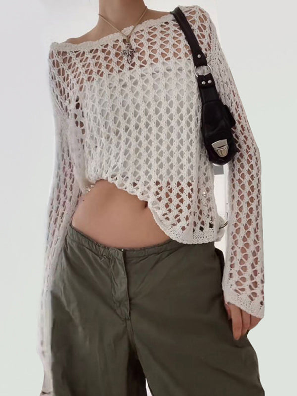 Haut tricoté ample à manches longues en maille transparente pour femme