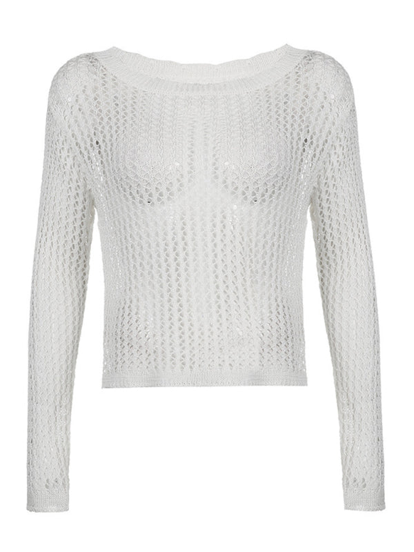 Haut tricoté ample à manches longues en maille transparente pour femme