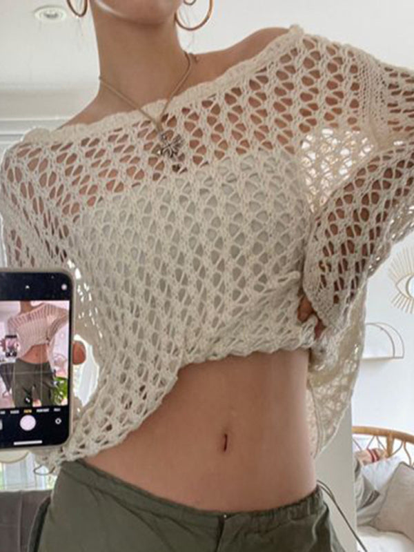 Haut tricoté ample à manches longues en maille transparente pour femme