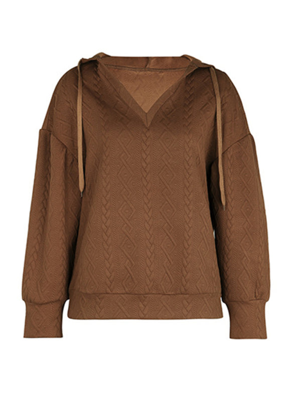 Front view of brown knitted hooded sweatshirt