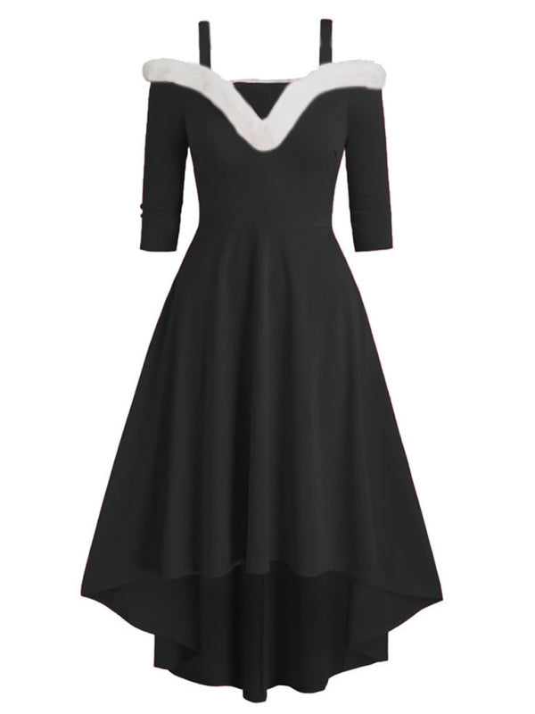 Robe de Noël à manches longues en peluche, haut-bas, décolleté en V profond, épaules dénudées