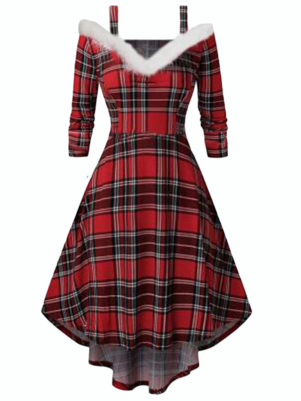 Robe de Noël à manches longues en peluche, haut-bas, décolleté en V profond, épaules dénudées